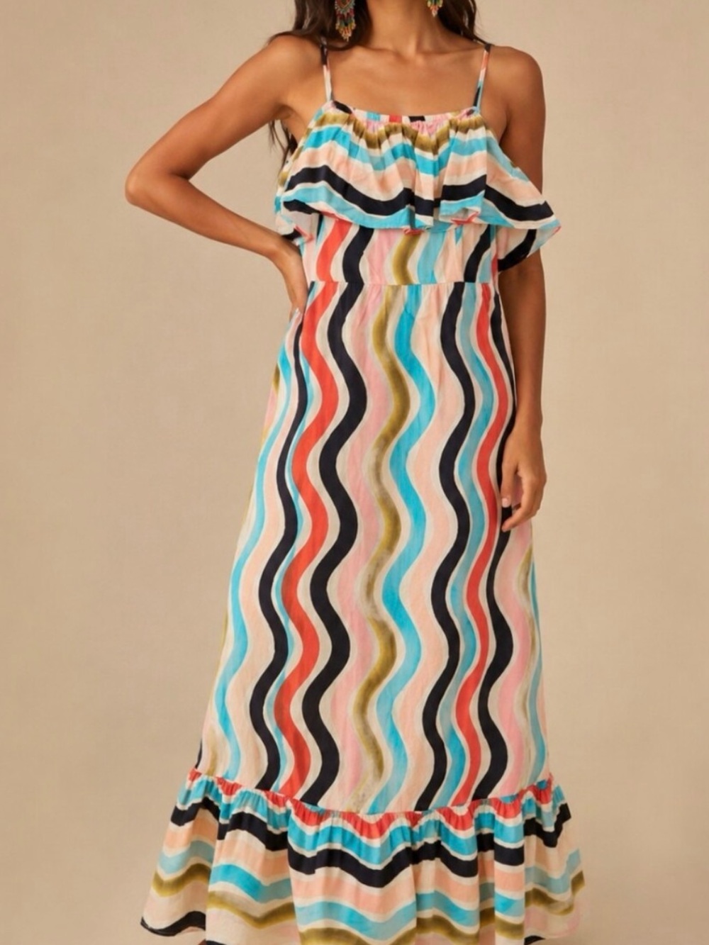 Farm Rio X Anthropologie Sleeveless Ruffle Maxi Dress Wavy Stripe Multicolor